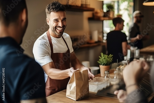 Waiter serving takeaway food to customers at counter in small family eatery restaurant, trendy fast food smiling owner delivering an online to go order in recycled paper bag to clients photo