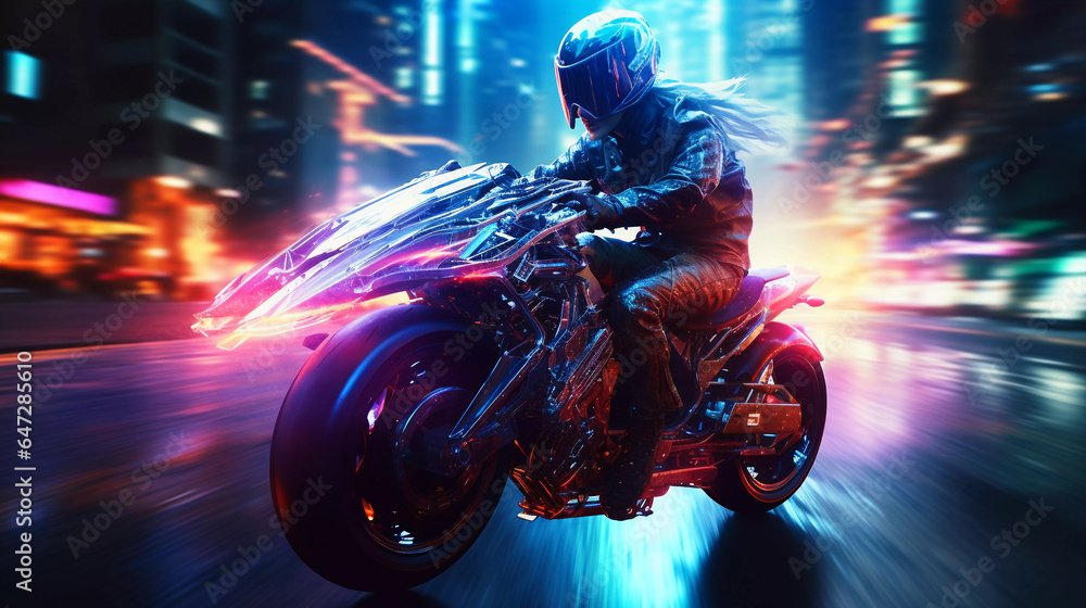 Cyberpunk Girl on Motorbike Blurred Neon City Background