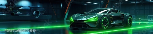 Futuristic Green Neon Car Scene - Auto Design in Luminescent Shades - Background with Empty Copy Space for Text - Fictional Conceptional Car Wallpaper Green Neon created with Generative AI Technology © Vehicles Generative