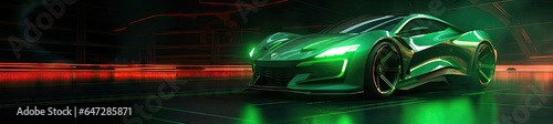 Futuristic Green Neon Car Scene - Auto Design in Luminescent Shades - Background with Empty Copy Space for Text - Fictional Conceptional Car Wallpaper Green Neon created with Generative AI Technology © Vehicles Generative