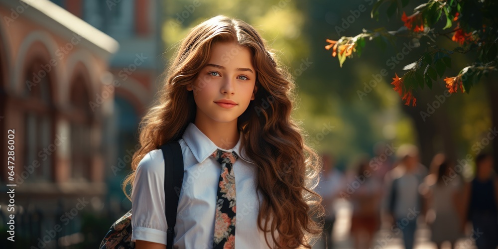 Fototapeta premium A cute American schoolgirl in front of school. First school day at school. Generative AI