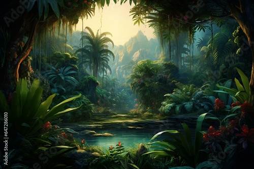 Artwork depicting a lush tropical forest with palm trees, perfect for wallpaper. Generative AI