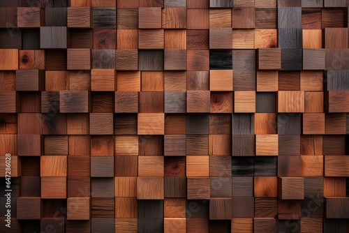 Wooden 3D wall background with tiles, square tile wallpaper with timber, natural blocks. Generative AI