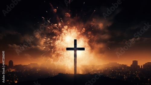 Cross with background of fireworks