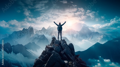person on the top of the mountain with his arms reaching up to the sky in recognition, © XC Stock
