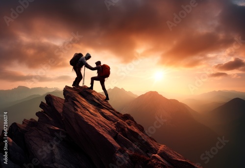 Two people helping each other on a mountain top © XC Stock