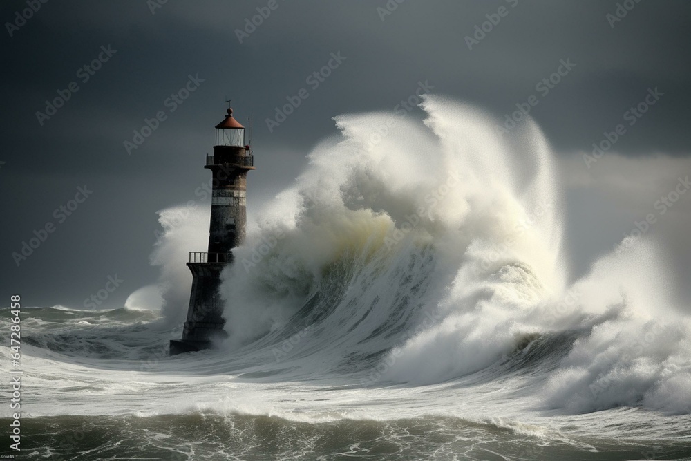 Lighthouse swallowed by enormous wave. Generative AI