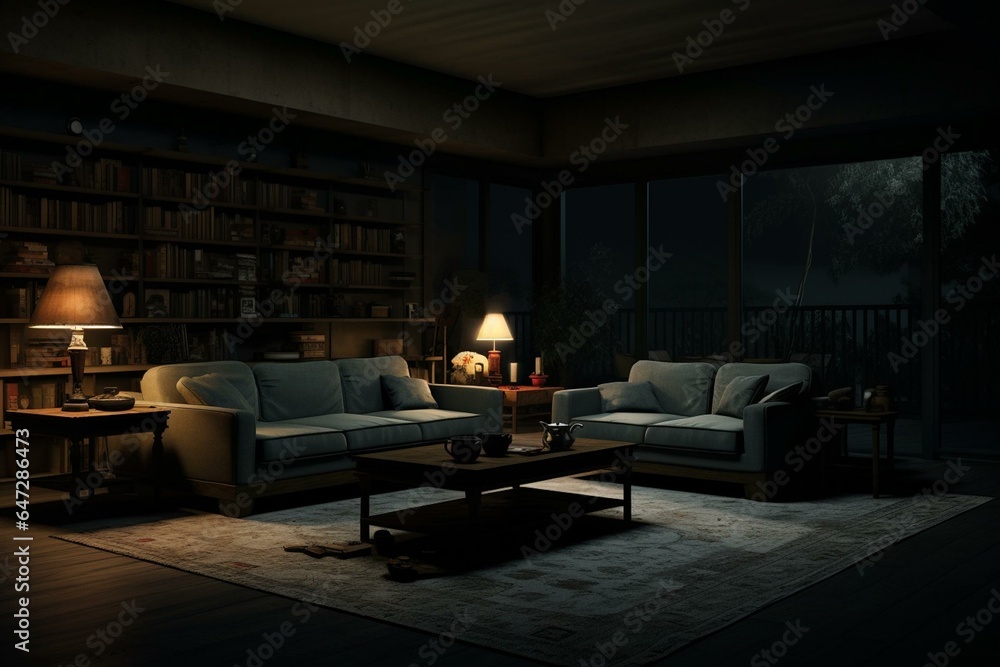 Rendered eerie living room decor at night. Generative AI