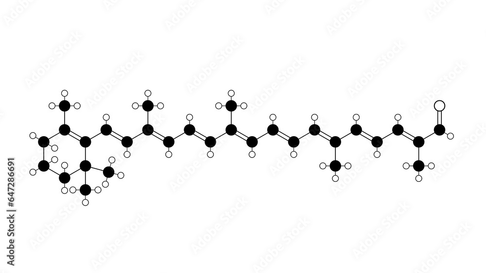 apocarotenal molecule, structural chemical formula, ball-and-stick model, isolated image food additive e160e apocarotenal molecule, structural chemical formula, ball-and-stick model, isolated image food additive e160e