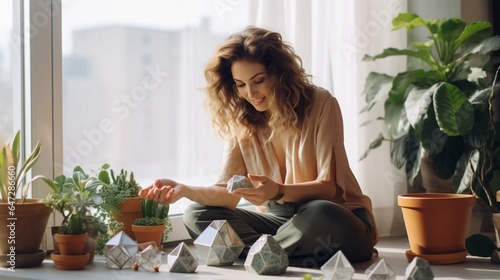 Charming lady placing decorative stones into geometric florarium with succulent plant while sitting at the windowsill at home © Samina