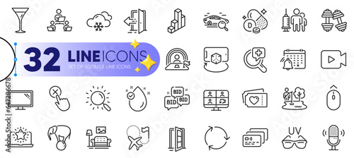 Outline set of Notification calendar, Search and Medical vaccination line icons for web with Video camera, Card, Teamwork thin icon. Snow weather, Open door, Bid offer pictogram icon. Vector