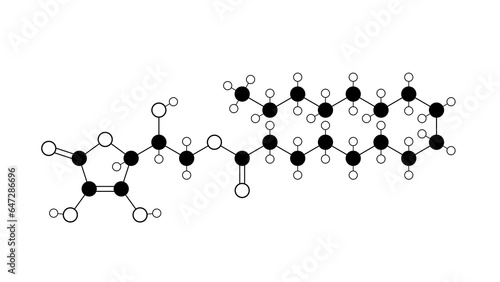 ascorbyl palmitate molecule, structural chemical formula, ball-and-stick model, isolated image food additive e304