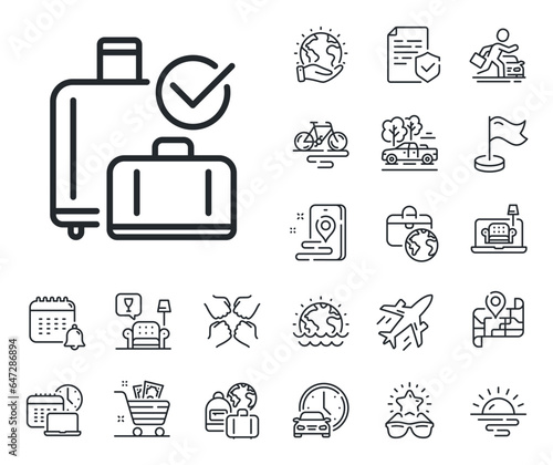 Airplane check in luggage sign. Plane jet, travel map and baggage claim outline icons. Airport baggage reclaim line icon. Flight checked bag symbol. Baggage reclaim line sign. Vector