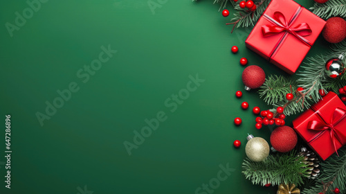 Merry Christmas banner with red gift boxes, tree branches and golden decoration on green background. Happy new year. Copy space.