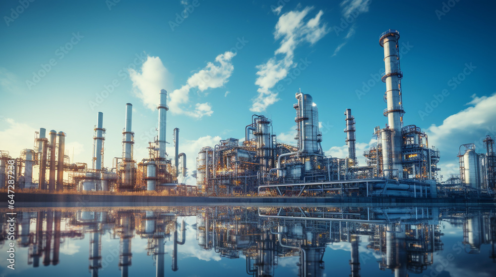 petrochemical and power plant.  oil refinery with blue sky - obrazy, fototapety, plakaty 