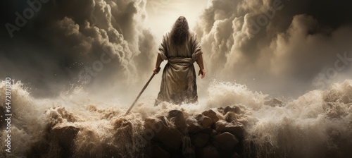 Moses ready to parted the sea. Biblical religion story. Generative AI technology.