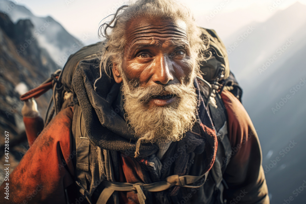 Elderly white hair man mountaineer climber as they navigate a narrow ridge high in the mountains Elderly white hair man mountaineer climber as they navigate a narrow ridge high in the mountains