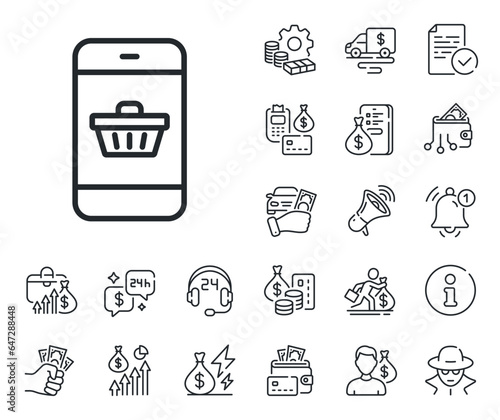 Smartphone Online buying sign. Cash money, loan and mortgage outline icons. Mobile Shopping cart line icon. Supermarket basket symbol. Smartphone buying line sign. Vector