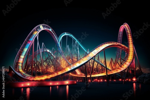 vibrant roller coaster against dark backdrop. Generative AI