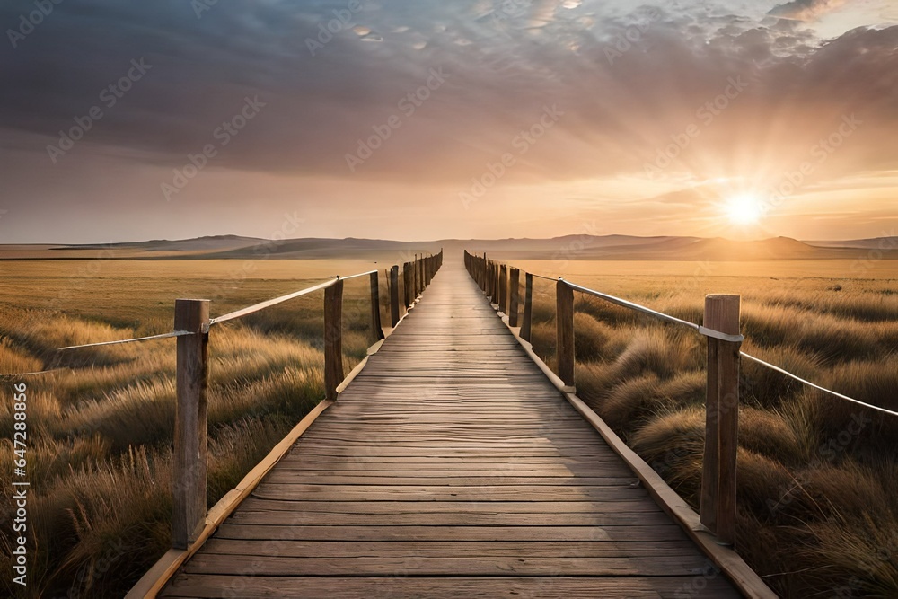 wooden bridge at sunset