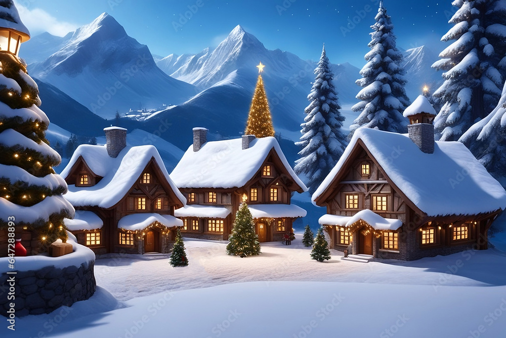 A snow-covered village with twinkling lights and a giant Christmas tree