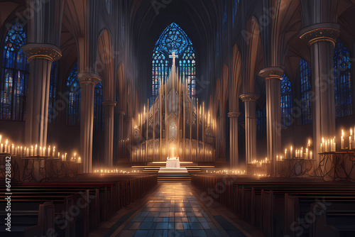 A grand cathedral with a choir singing hymns by candlelight