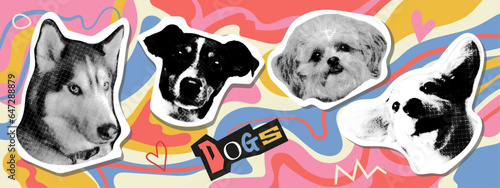 Collage design elements in trendy dotted pop art style. Retro halftone effect. Portraits of dogs of various breeds.Vector isolated elements. Cute dogs. Print design, t-shirt print