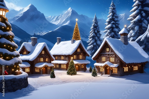 A snow-covered village with twinkling lights and a giant Christmas tree © Saly