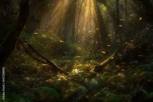 Mystical forest glowing with ethereal glow and twinkling insects. Generative AI