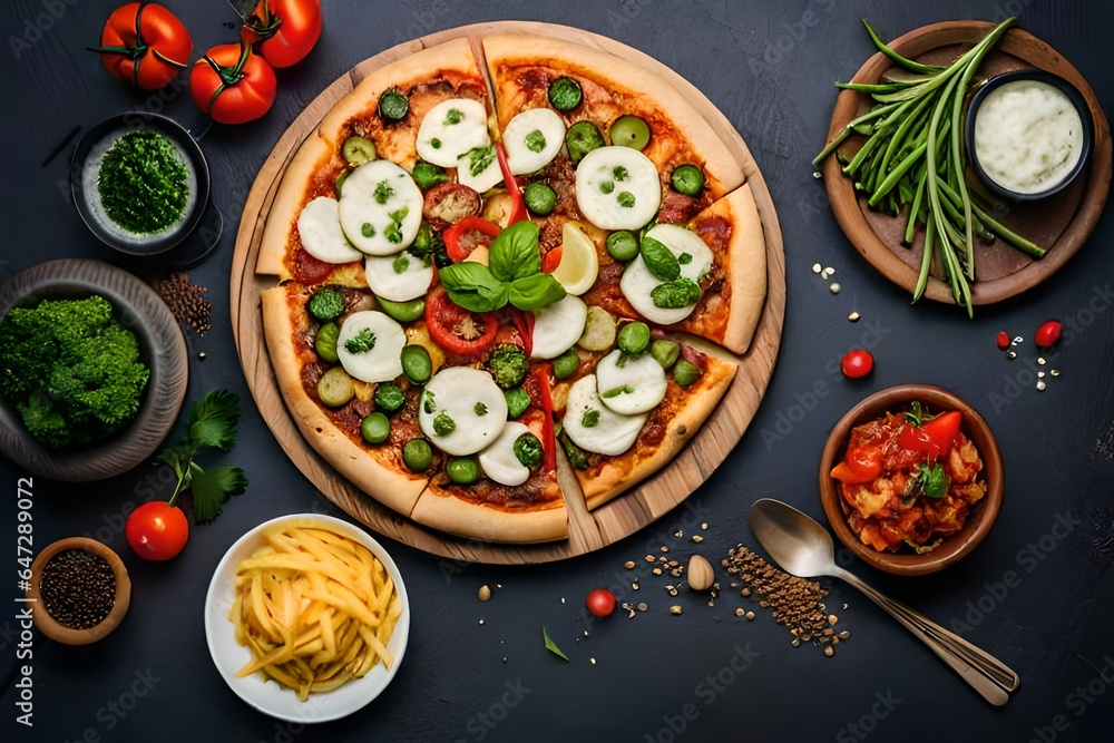 Shawarma pizza, shawarma with vegetables and cheese. High quality photo
