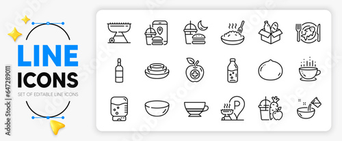 Food donation, Grill and Food app line icons set for app include Porridge, Coffee cup, Cooking water outline thin icon. Seafood, Dishes, Grill place pictogram icon. Bowl dish, Night eat. Vector