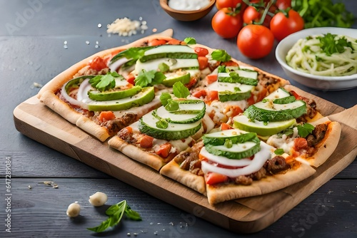 Shawarma pizza, shawarma with vegetables and cheese. High quality photo