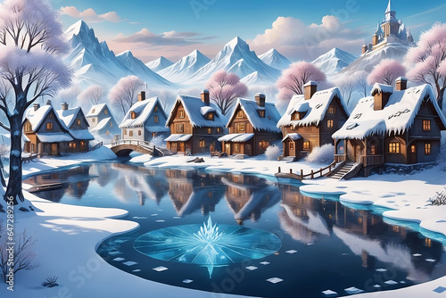 A picturesque winter village with a frozen pond