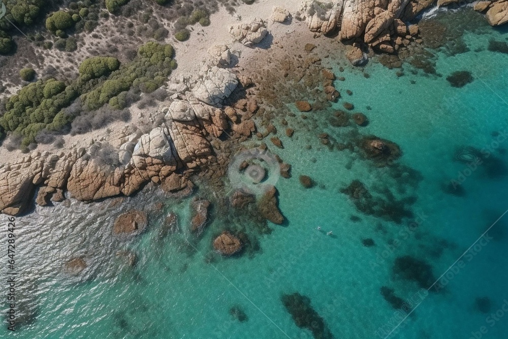 Aerial view of a stunning beach in Ibiza, Spain. Generative AI