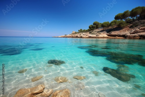 Beautiful beach with clear blue water, Ibiza, Spain. Generative AI