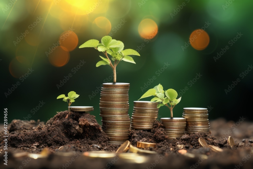 Photo of a plant sprouting from a pile of coins, symbolising growth and ...