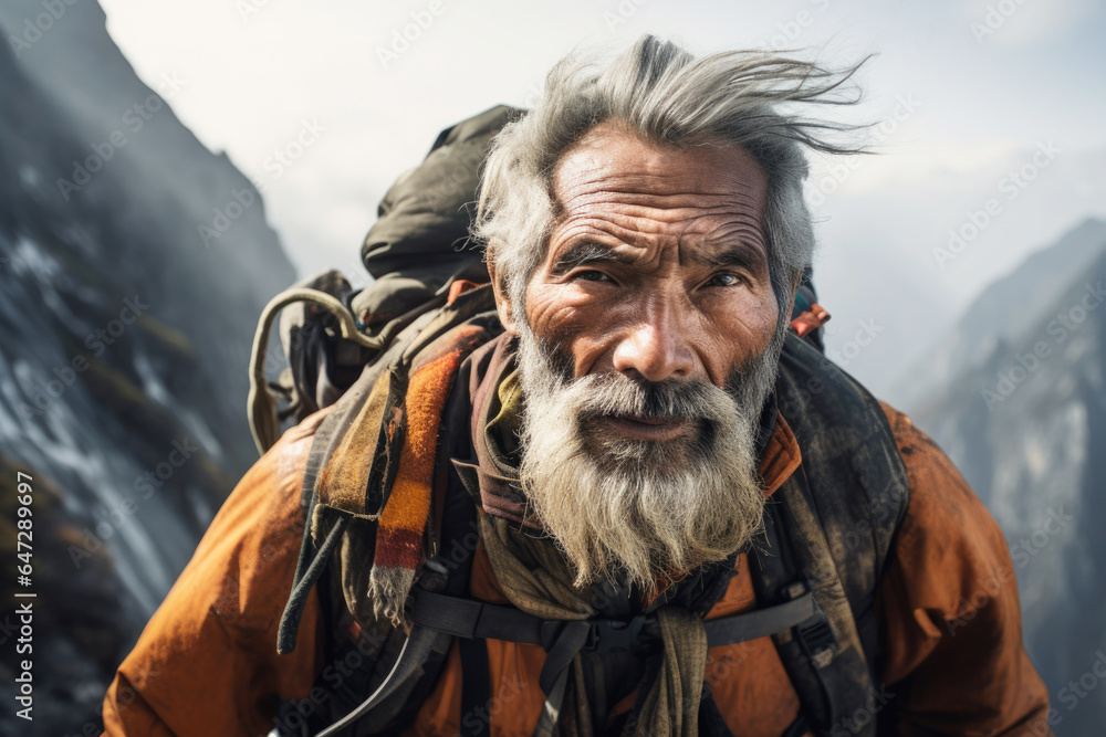 Elderly grey hair man mountaineer climber as they navigate a narrow ridge high in the mountains