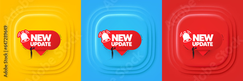 New update banner. Neumorphic offer banner, flyer or poster. Red speech bubble with bell. Woman silhouette with megaphone icon. New update promo event banner. 3d square buttons. Vector