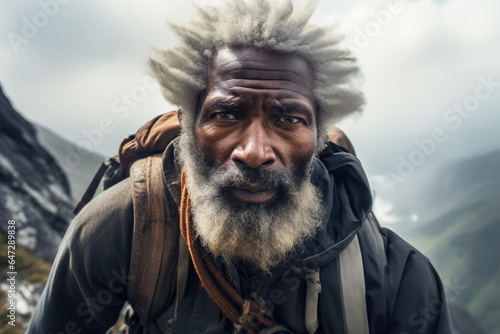 Afro american black elderly white hair man mountaineer climber