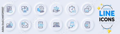 Organic product, Star and Flight mode line icons for web app. Pack of Money, Timer, Recovery hdd pictogram icons. Wall lamp, Online storage, Supply chain signs. Receive mail. Vector