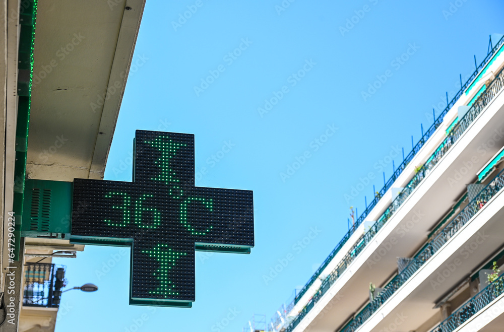 Naklejka premium pharmacie pharmacien enseigne santé medicament garde chaleur temperature canicule climat 36 degres