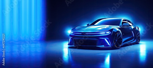 Futuristic Blue Neon Car Scene - Auto Design in Luminescent Shades - Background with Empty Copy Space for Text  - Fictional Conceptional Car Wallpaper Blue Neon created with Generative AI Technology © Vehicles Generative