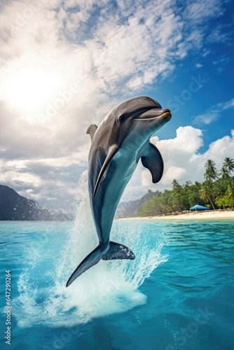 Dolphin jumping out of water, tropical sea photo