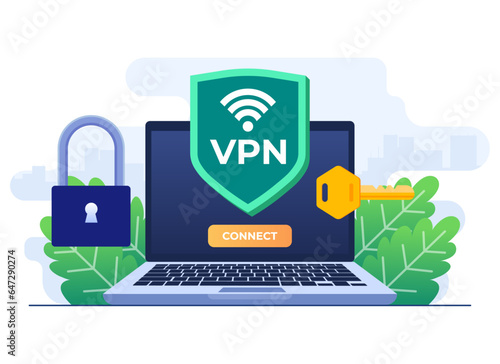 Virtual private network flat illustration, Secure web traffic, Encrypted data transfer, VPN access, Digital personal data protection, Remote server, Secure router access, Safety on internet