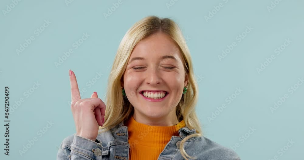 Thinking, idea and woman with wow face in studio with . solution, decision or strategy on blue background. Why, portrait and model with questions, choice or aha emoji for problem solving conclusion Thinking, idea and woman with wow face in studio with . solution, decision or strategy on blue background. Why, portrait and model with questions, choice or aha emoji for problem solving conclusion