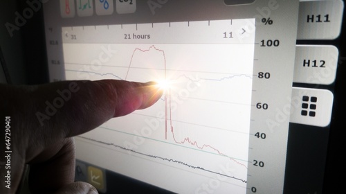 An engineer is pointing to a machine data analysis graph with his index finger, the concept of analyzing data in solving problems on hatchery industry.