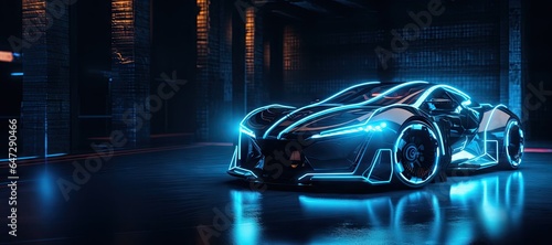 Futuristic Blue Neon Car Scene - Auto Design in Luminescent Shades - Background with Empty Copy Space for Text - Fictional Conceptional Car Wallpaper Blue Neon created with Generative AI Technology