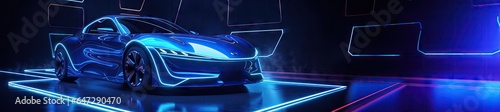Futuristic Blue Neon Car Scene - Auto Design in Luminescent Shades - Background with Empty Copy Space for Text - Fictional Conceptional Car Wallpaper Blue Neon created with Generative AI Technology