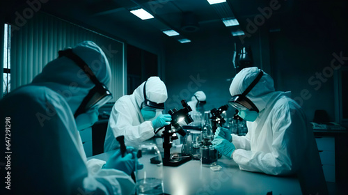 Scientists in protection suits and masks working in research lab using laboratory equipment: microscopes, test tubes. Pharmaceutical discovery, bacteriology and virology.