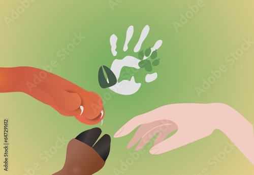 Vegan eco vector concept - hand with paw and hoof
